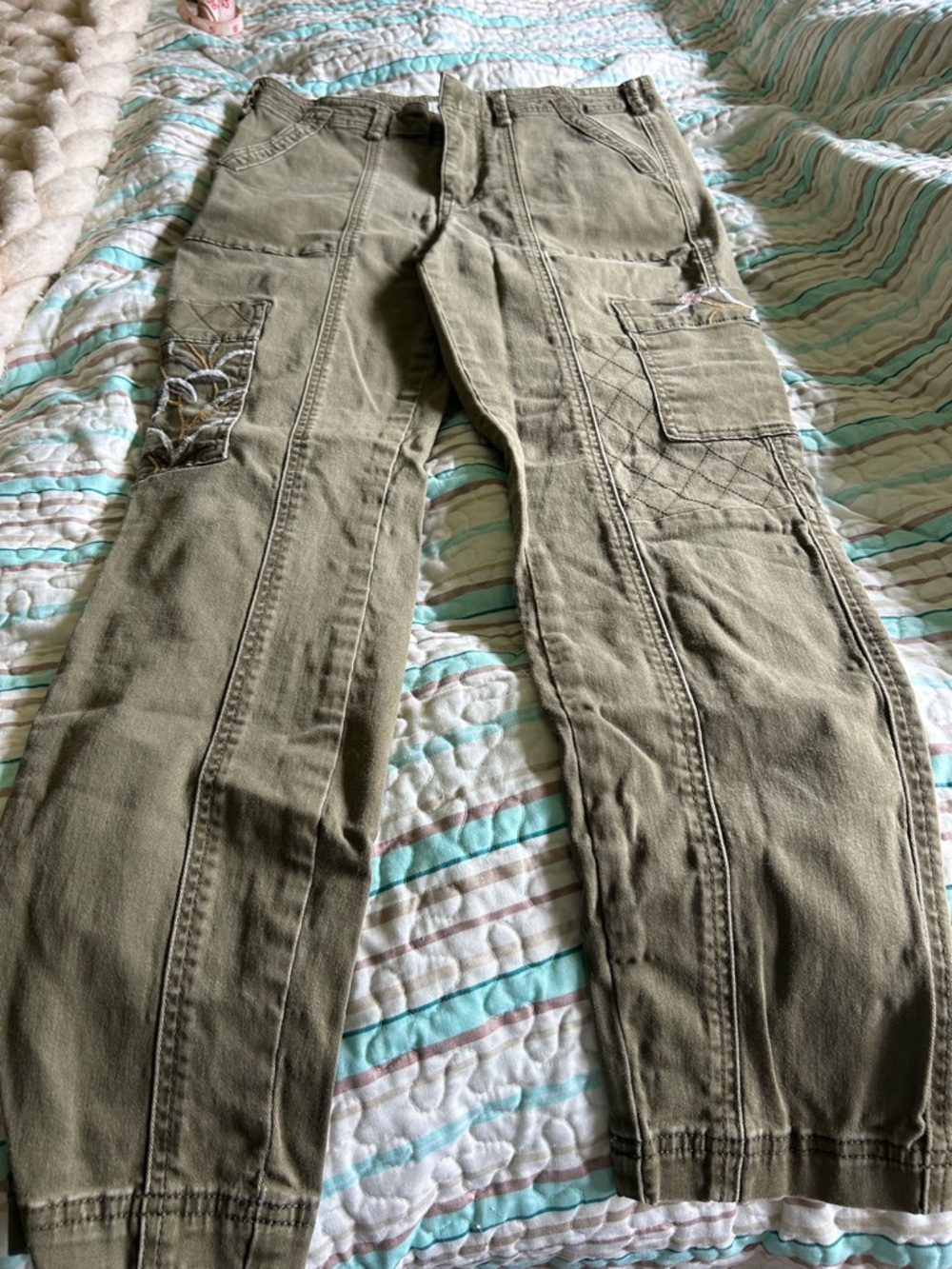 Anthropologie Olive Green Utility Pants with Pink Topstitch